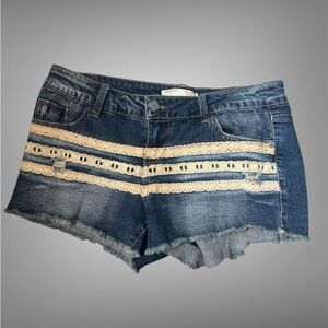 No Boundaries Blue and Cream Jean Shorts with Distressed Look